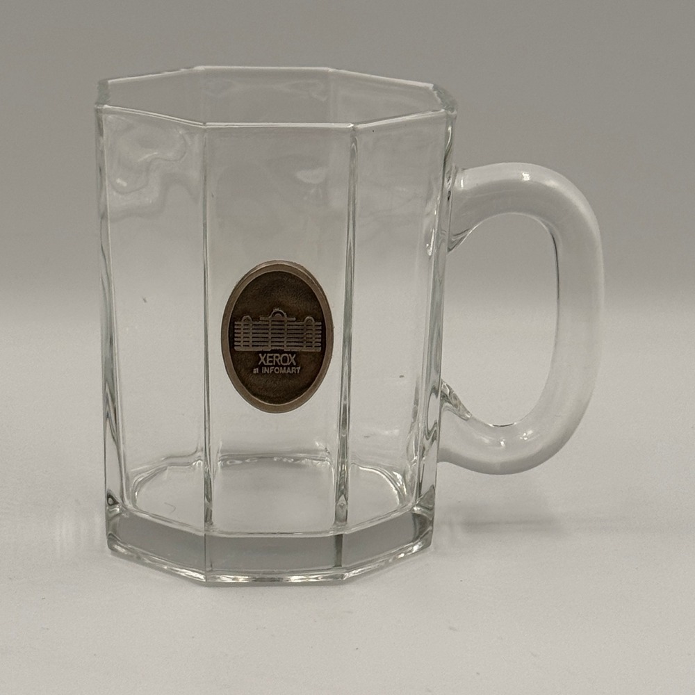 Vintage Xerox at Infomart Octagonal Glass Coffee Mug Cup Metal Medallion Dallas